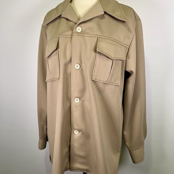 Vintage 70s Farah Dagger Collar Shirt Men’s Large Khaki Utility Shacket Retro - Picture 1 of 10